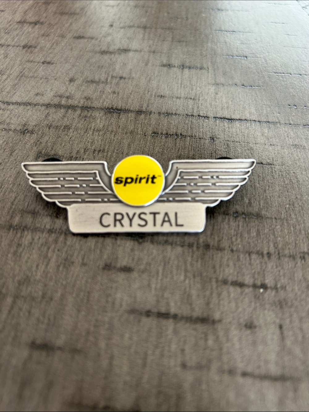 Spirit Airlines Silver Winged Name Pin with Yellow Accent - "CRYSTAL" - Picture 3 of 3